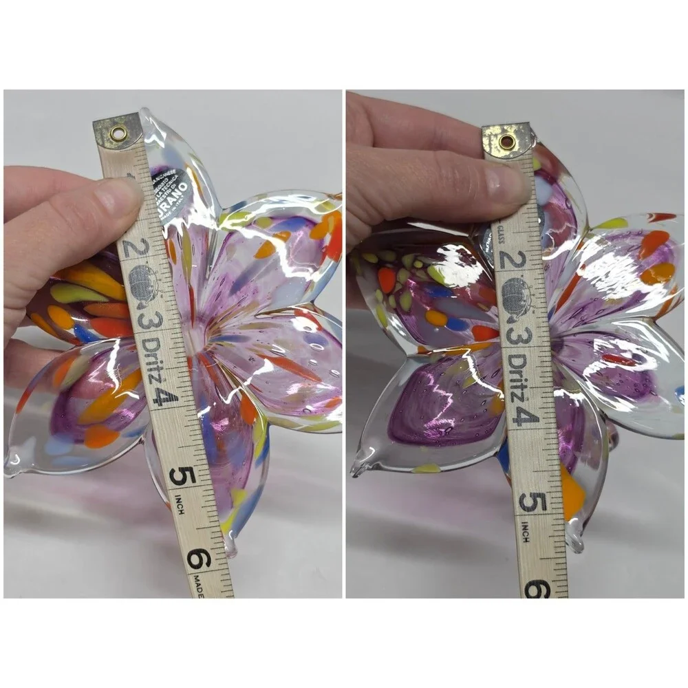 Murano Style Blown Glass Flower Set Of 2 Purple Clear Made in Italy New
